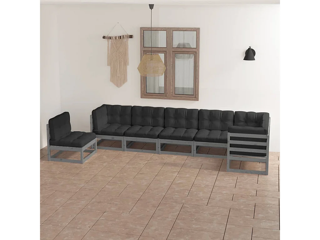 Set Salotto Giardino 7 pz Cuscini Antracite Legno Massello Pino