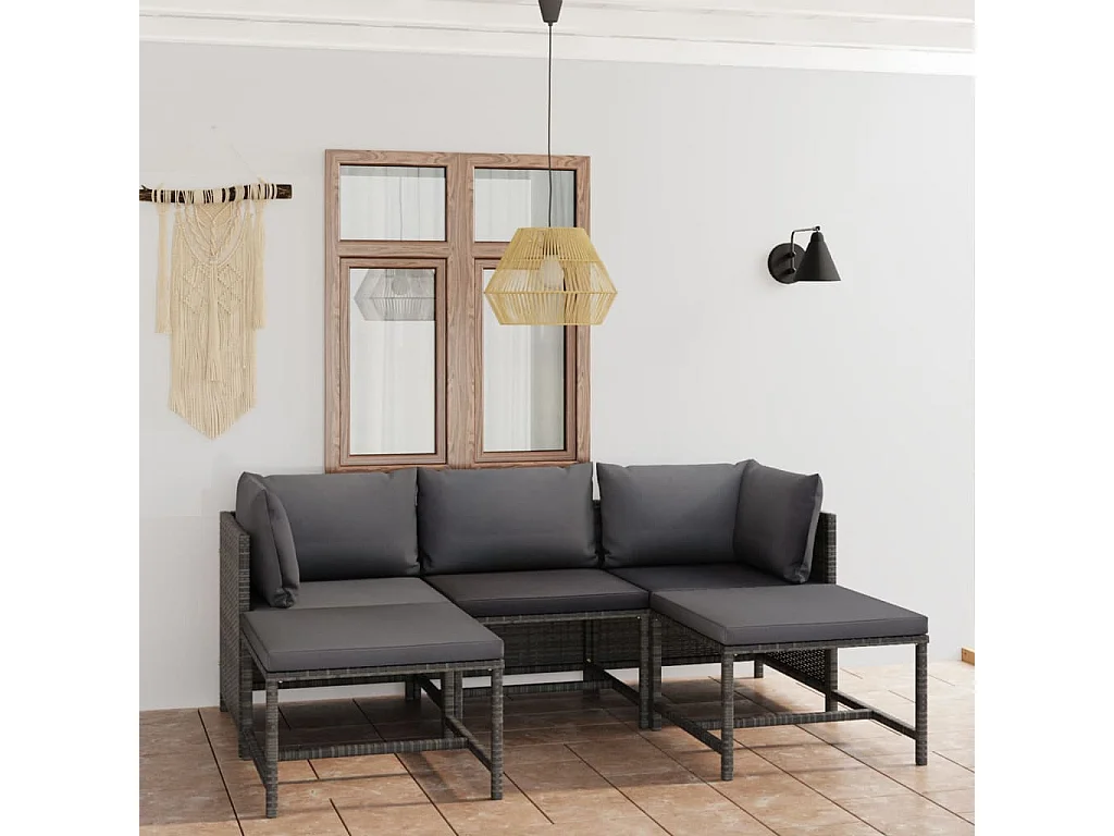 5 pcs conjunto lounge de jardim c/ almofadões vime PE cinzento