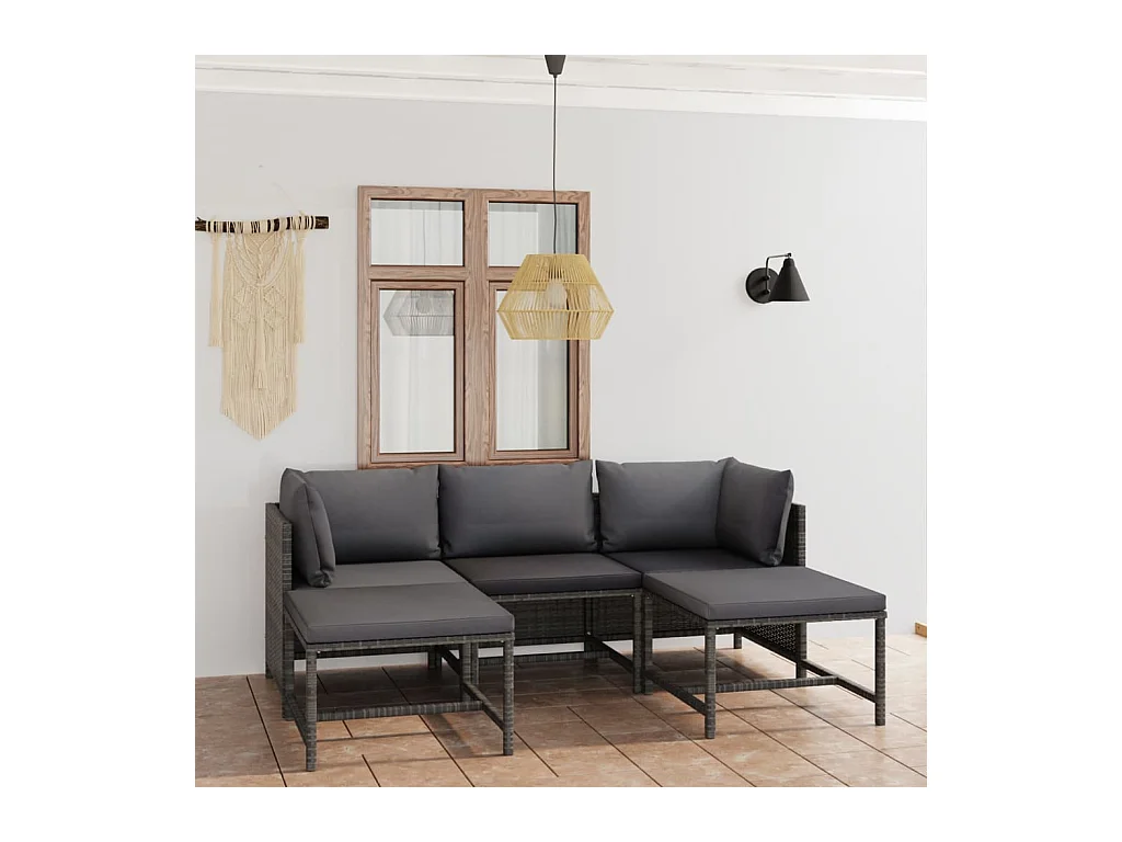Set Divani da Giardino 5 pz con Cuscini in Polyrattan Grigio