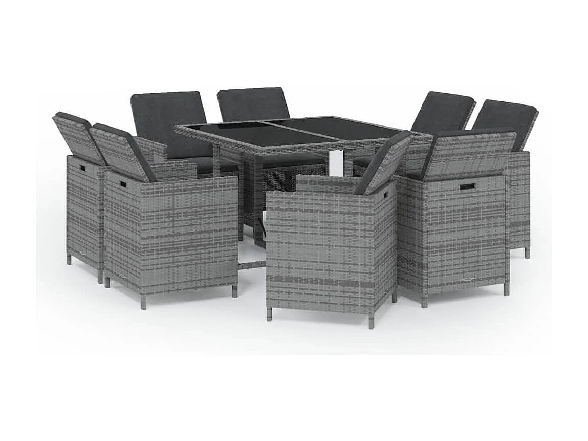 Ensemble à manger de jardin coussins 9pcs Résine tressée Gris