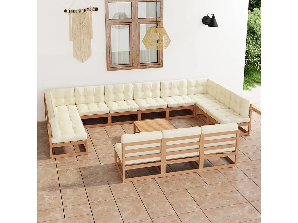 14-tlg. Garten-Lounge-Set mit Kissen Honigbraun Massivholz