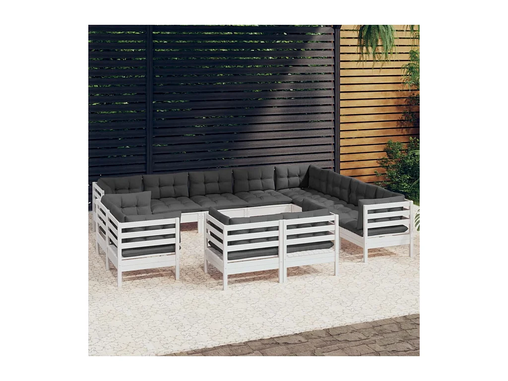 Set Divani da Giardino 12 pz con Cuscini Bianchi Legno di Pino