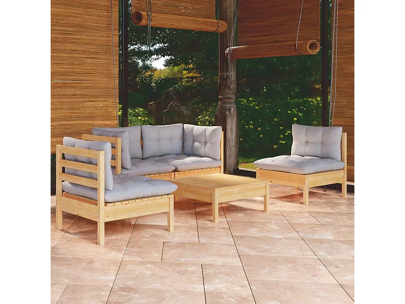 Salon de jardin 5 pcs avec coussins gris bois de pin massif