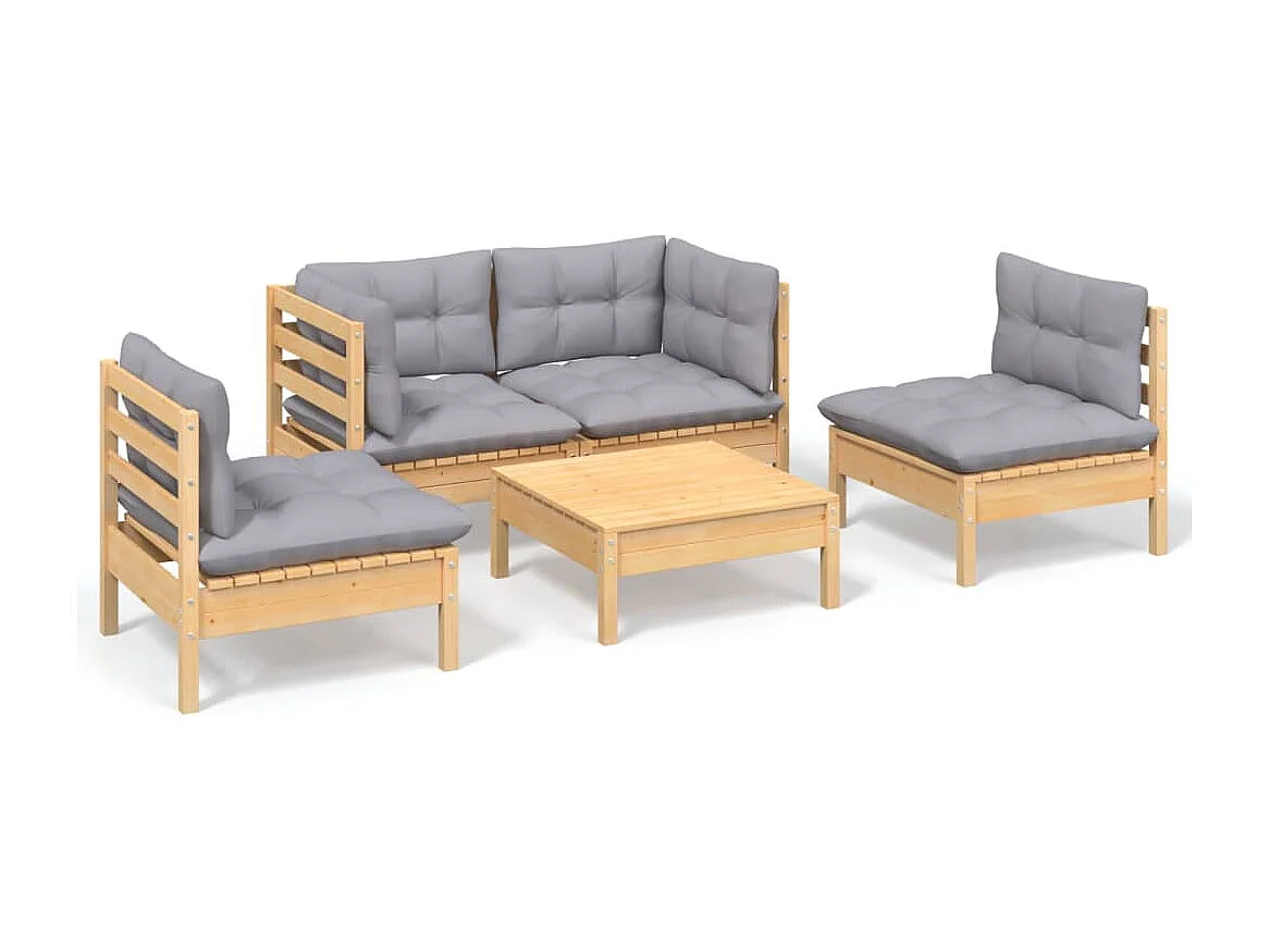 Salon de jardin 5 pcs avec coussins gris bois de pin massif