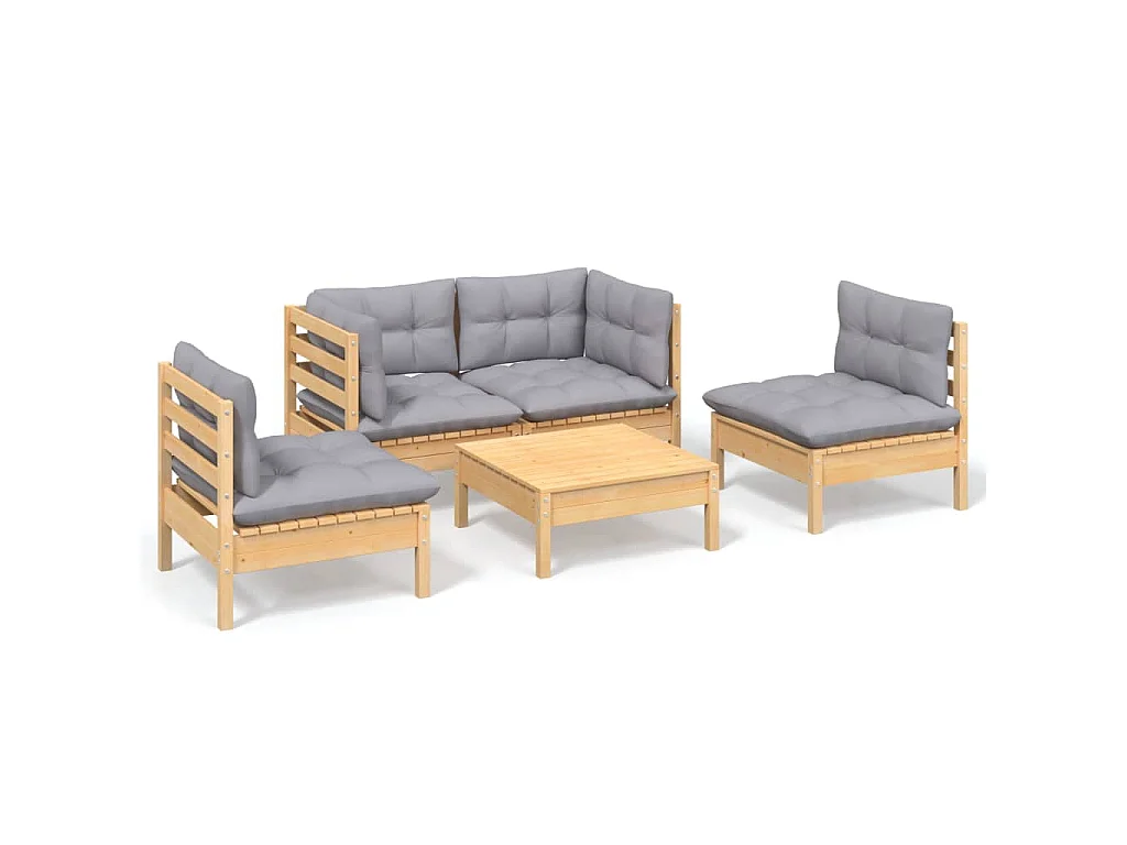 Set Divani da Giardino 5 pz con Cuscini Grigi Massello di Pino