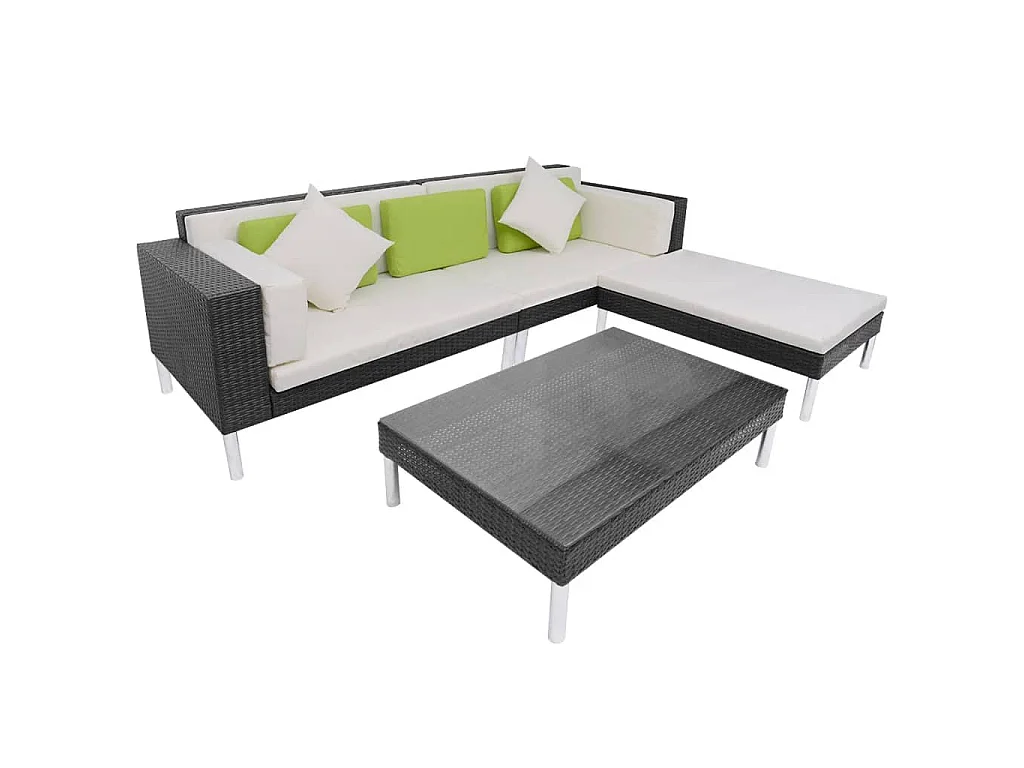 Salon de jardin 4 pcs avec coussins Résine tressée Noir