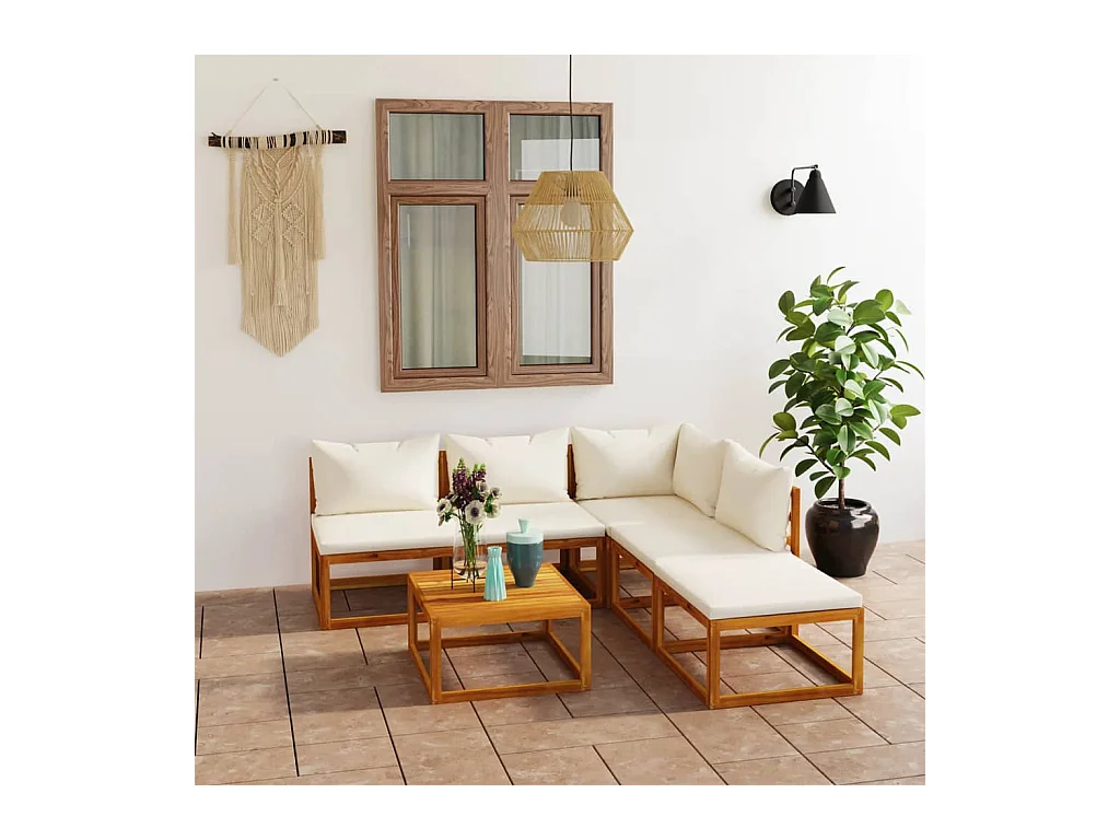 6-tlg. Garten-Lounge-Set mit Auflagen Creme Massivholz Akazie
