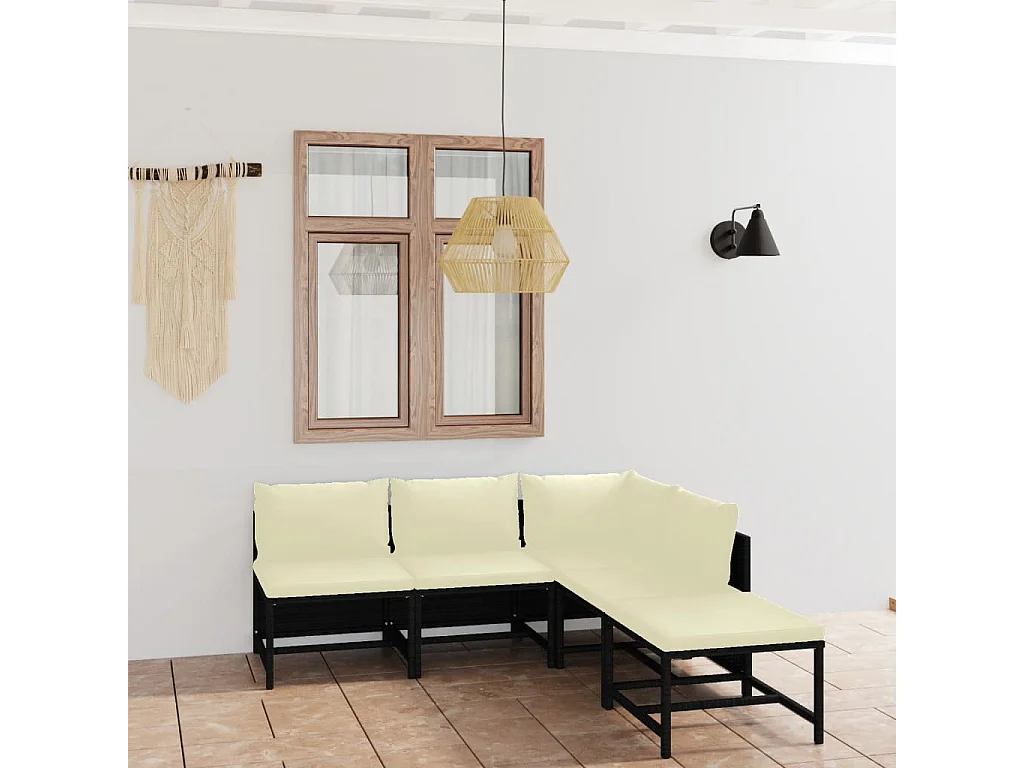 5 pcs conjunto lounge de jardim c/ almofadões vime PE preto