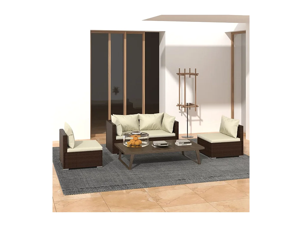Set Divani da Giardino 4 pz con Cuscini in Polyrattan Marrone