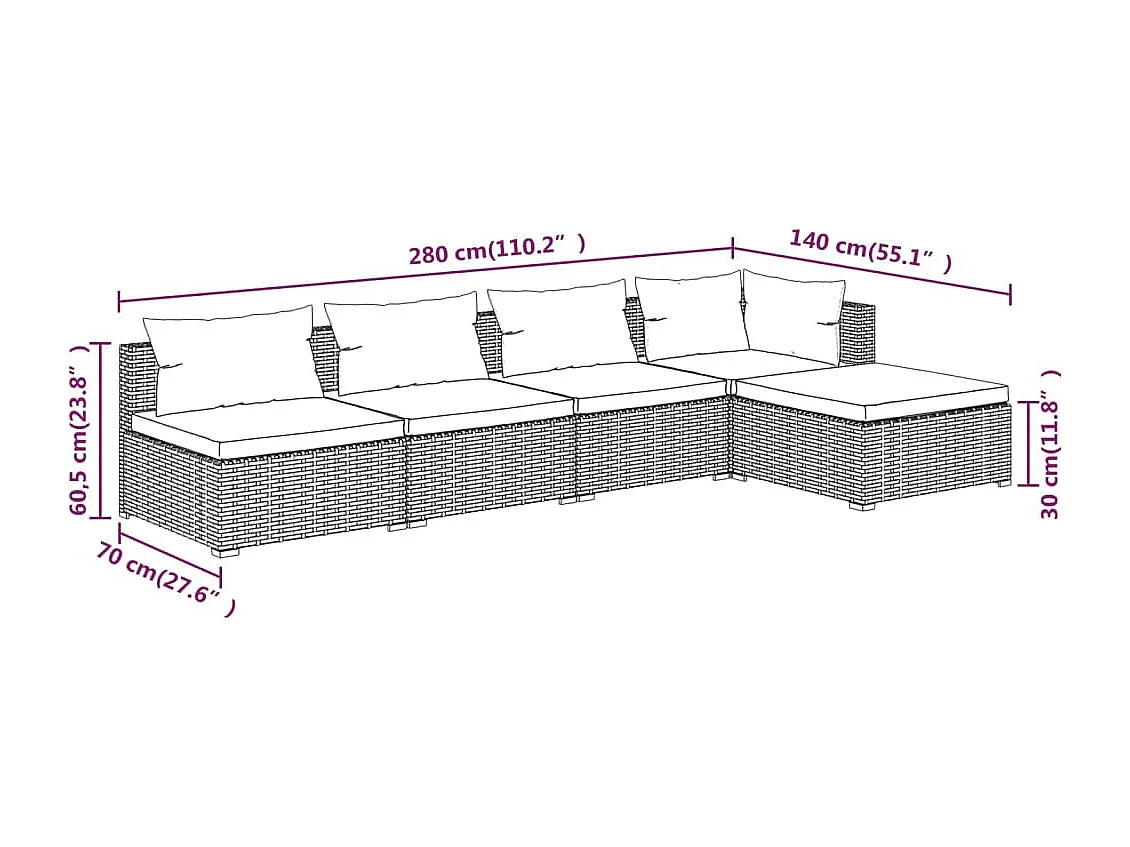 5-tlg. Garten-Lounge-Set mit Kissen Poly Rattan Braun