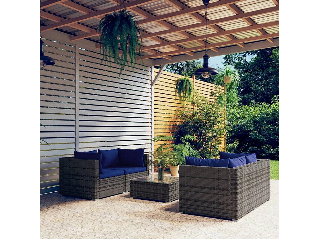 Salon de jardin 5 pcs avec coussins résine tressée gris