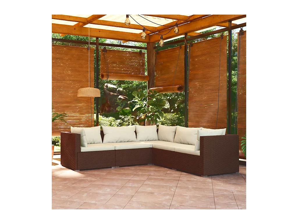 Salon de jardin 5 pcs avec coussins Résine tressée Marron