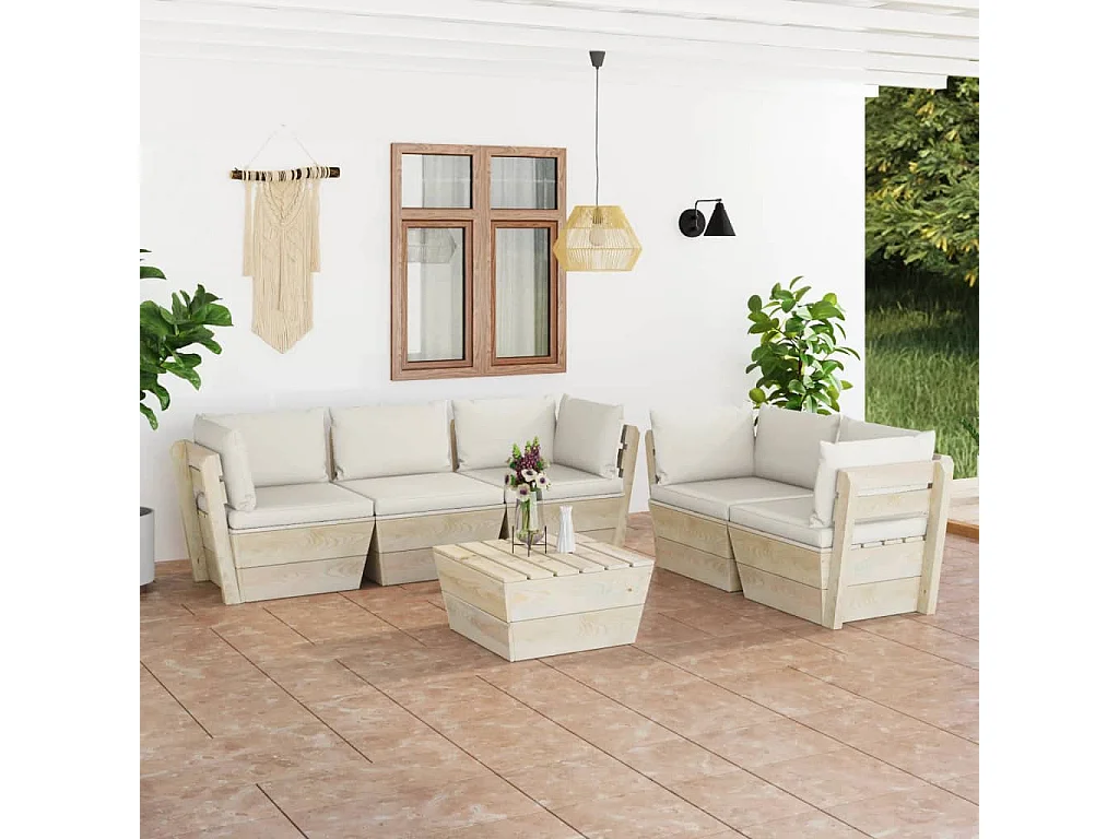 6 pcs conjunto lounge de paletes + almofadões madeira de abeto