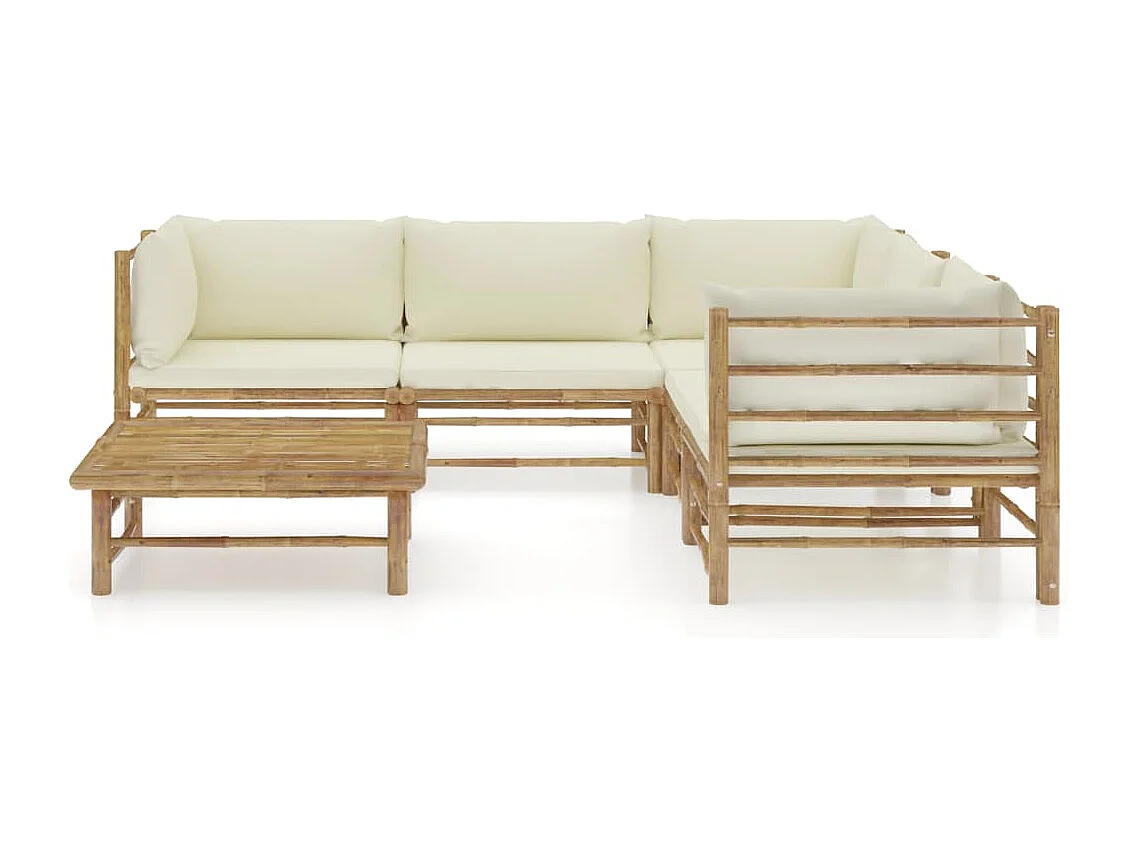 Salon de jardin 6 pcs avec coussins blanc crème bambou