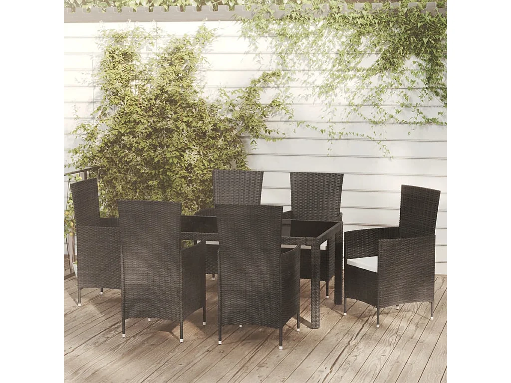 7 pcs conjunto jantar exterior com almofadões vime PE preto