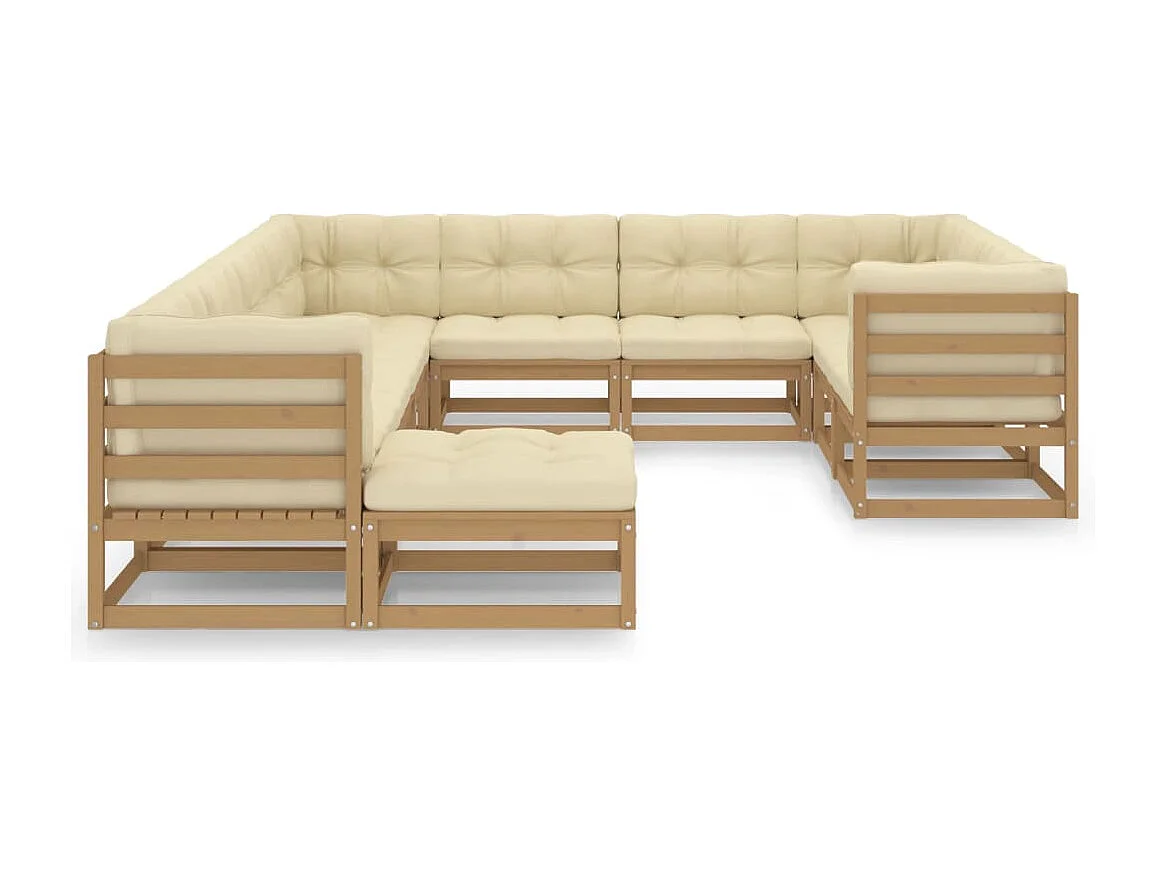 Salon de jardin 11 pcs avec coussins Marron miel Bois de pin