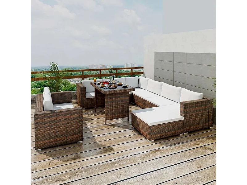 Set Divani da Giardino 10 pz con Cuscini in Polyrattan Marrone