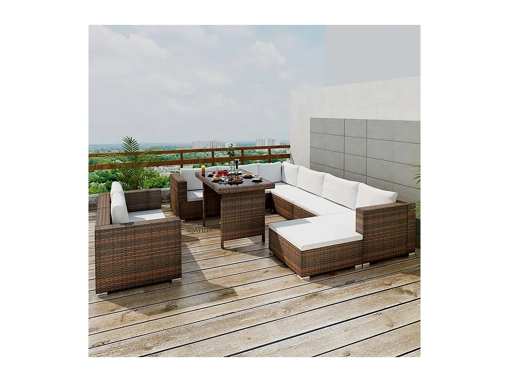 Salon de jardin 10 pcs avec coussins Résine tressée Marron
