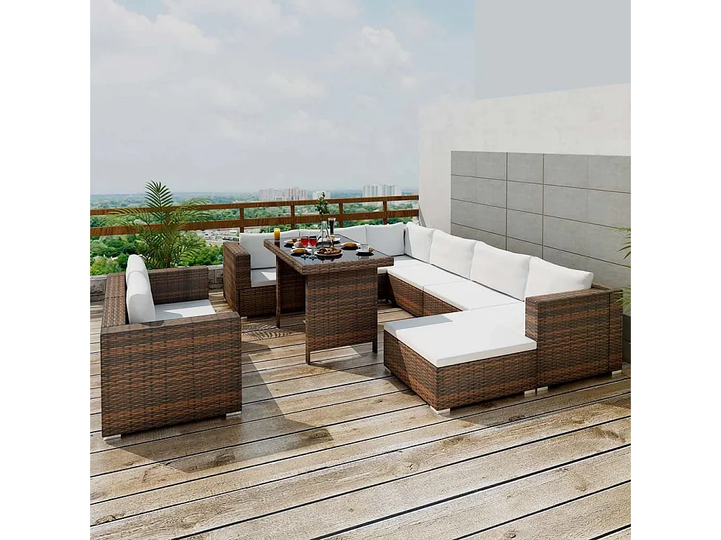 Set Divani da Giardino 10 pz con Cuscini in Polyrattan Marrone