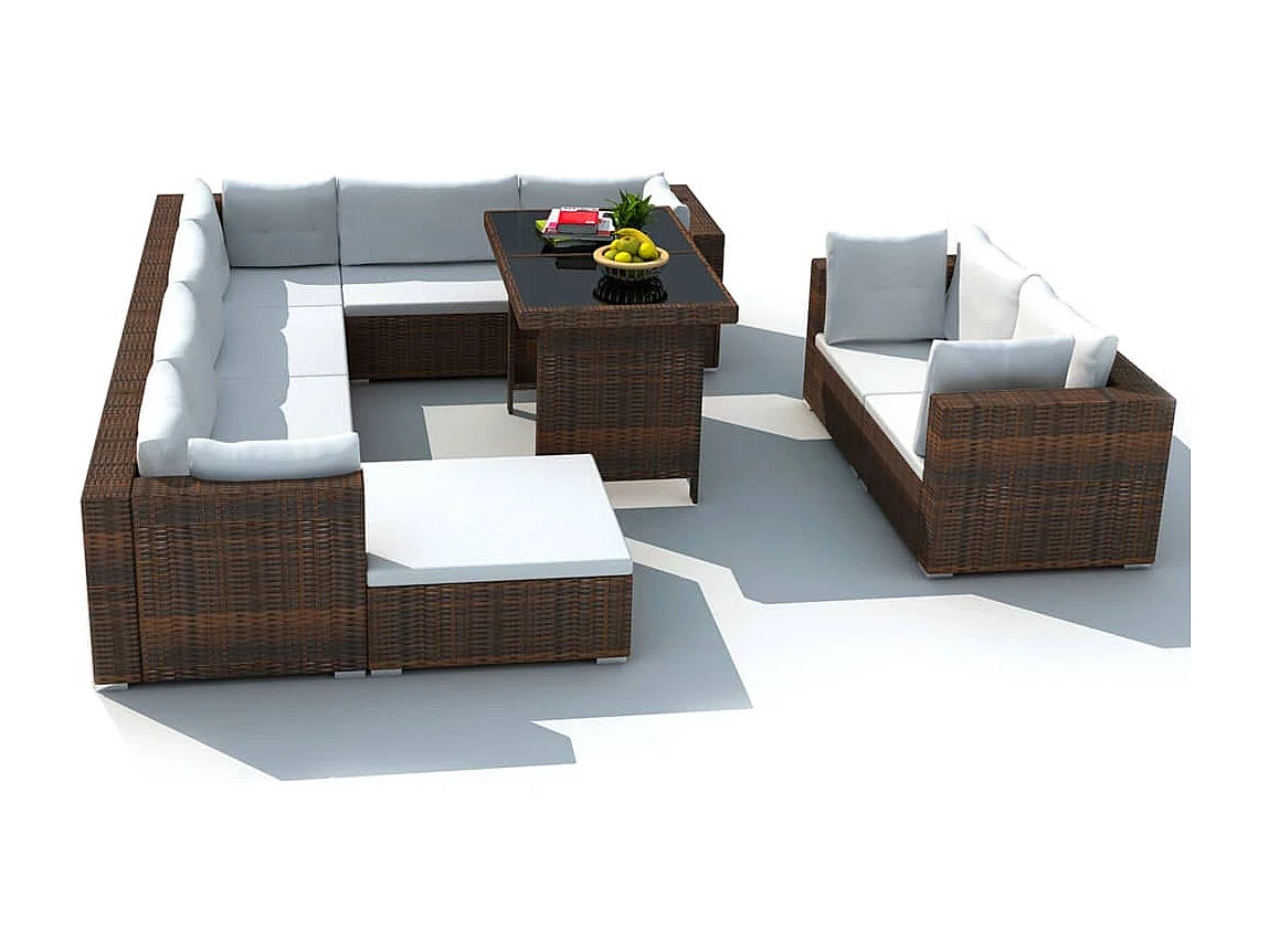 Set Divani da Giardino 10 pz con Cuscini in Polyrattan Marrone