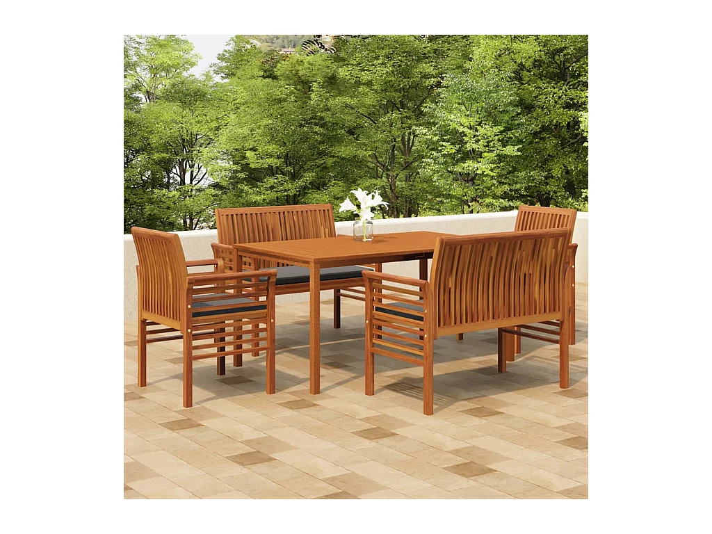 Ensemble à manger d'extérieur 5 pcs et coussins Acacia solide