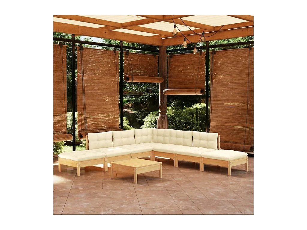 Salon de jardin 8 pcs avec coussins crème Bois de pin