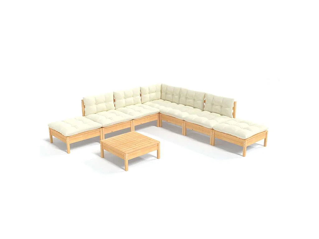 Set Salotto da Giardino 8 pz con Cuscini Crema in Legno di Pino