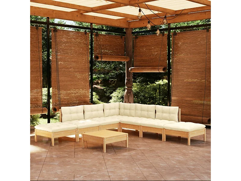Set Salotto da Giardino 8 pz con Cuscini Crema in Legno di Pino