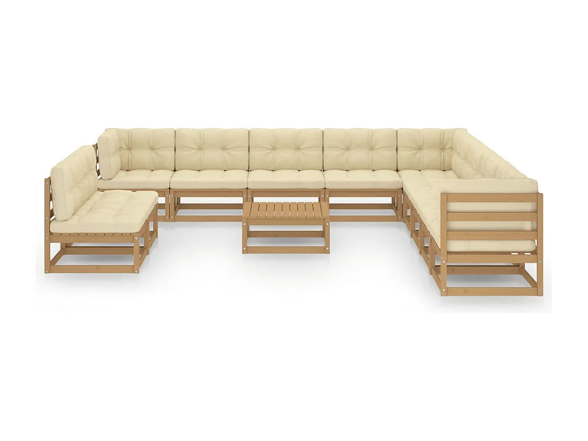 Salon de jardin 12 pcs avec coussins marron miel bois de pin