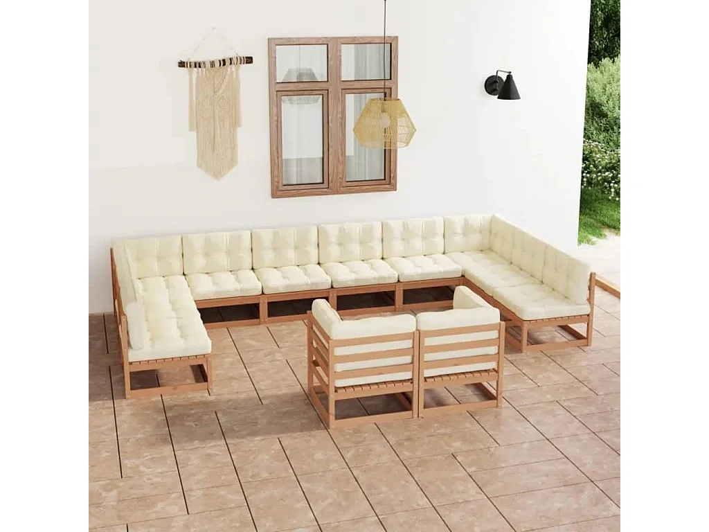 Salon de jardin 12 pcs avec coussins marron miel bois de pin