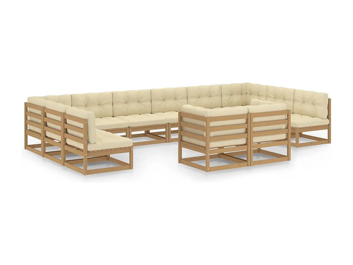 Salon de jardin 12 pcs avec coussins marron miel bois de pin