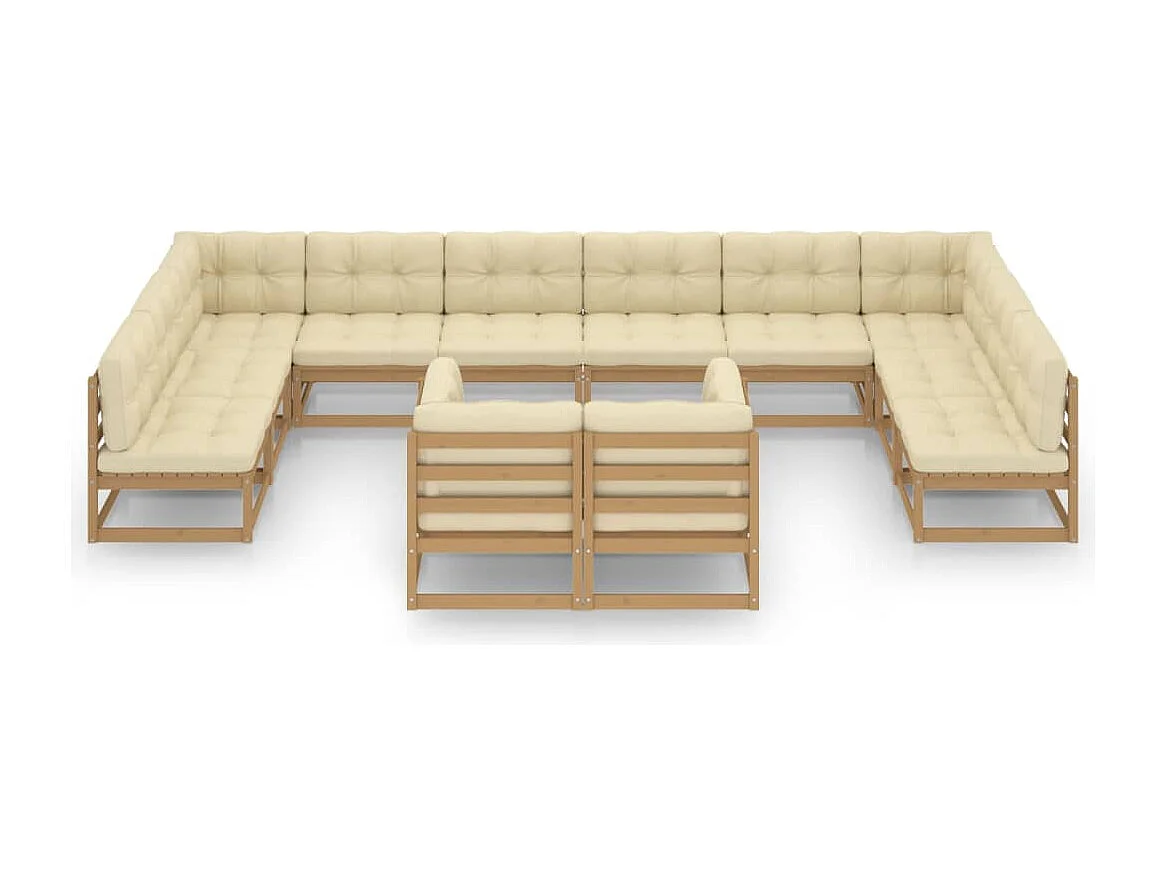 Salon de jardin 12 pcs avec coussins marron miel bois de pin