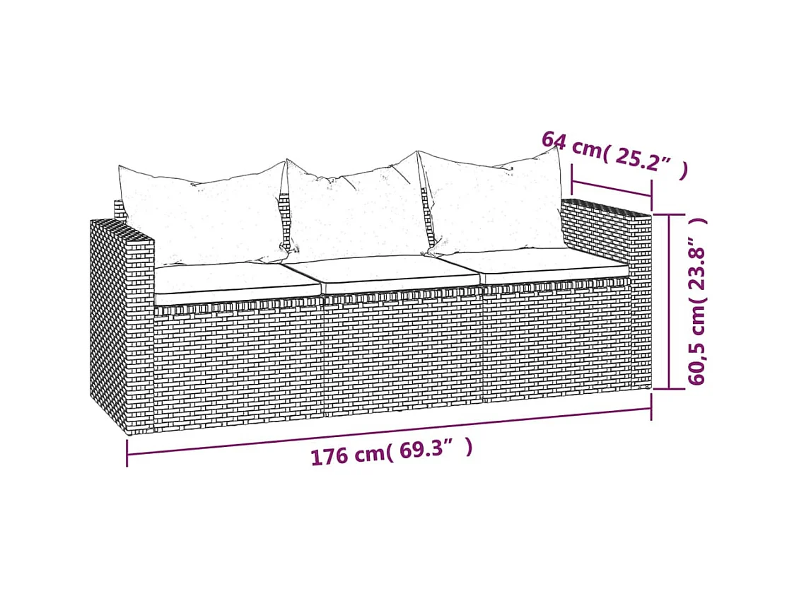 Salon de jardin 3 pcs avec coussins Gris Résine tressée
