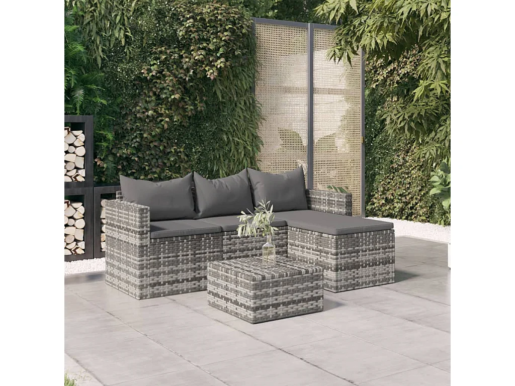 Salon de jardin 3 pcs avec coussins Gris Résine tressée