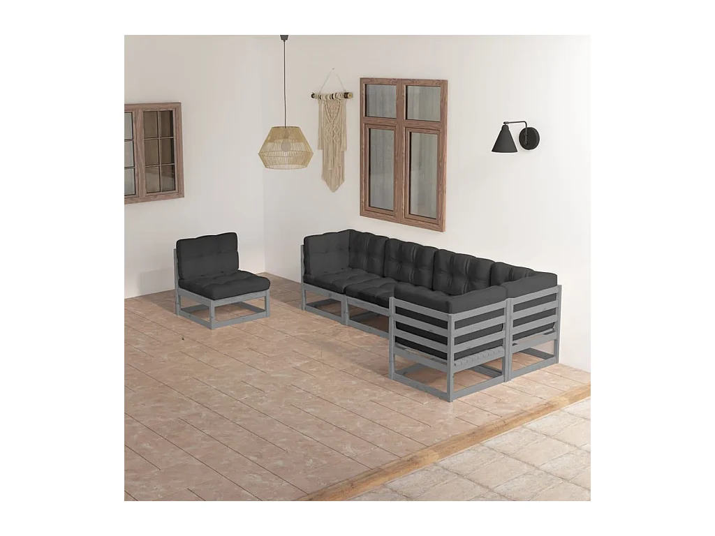 Salon de jardin 6 pcs avec coussins Bois de pin massif