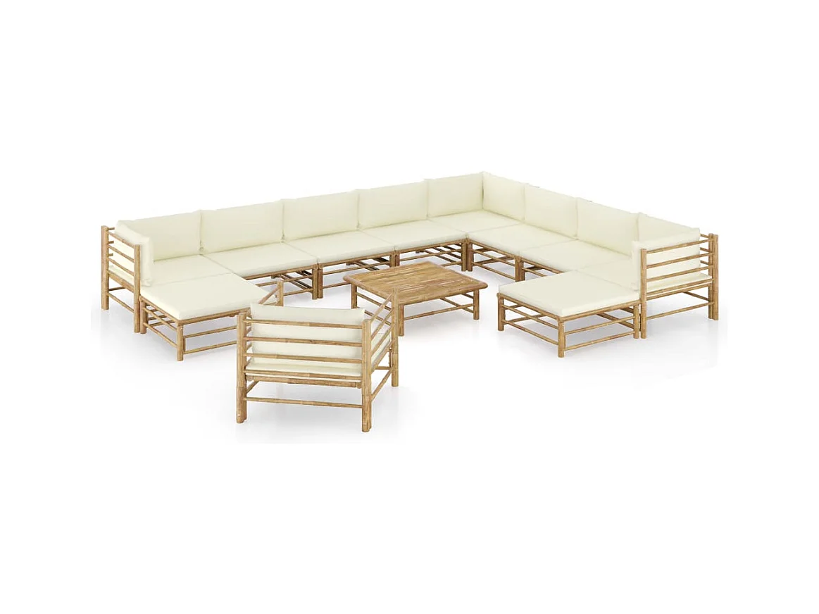 Set Salotto da Giardino 12pz con Cuscini Bianco Crema in Bambù