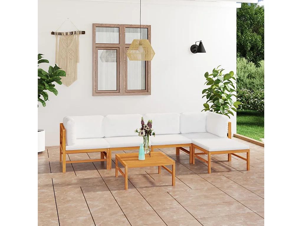 6-tlg. Garten-Lounge-Set mit Creme Kissen Massivholz Teak
