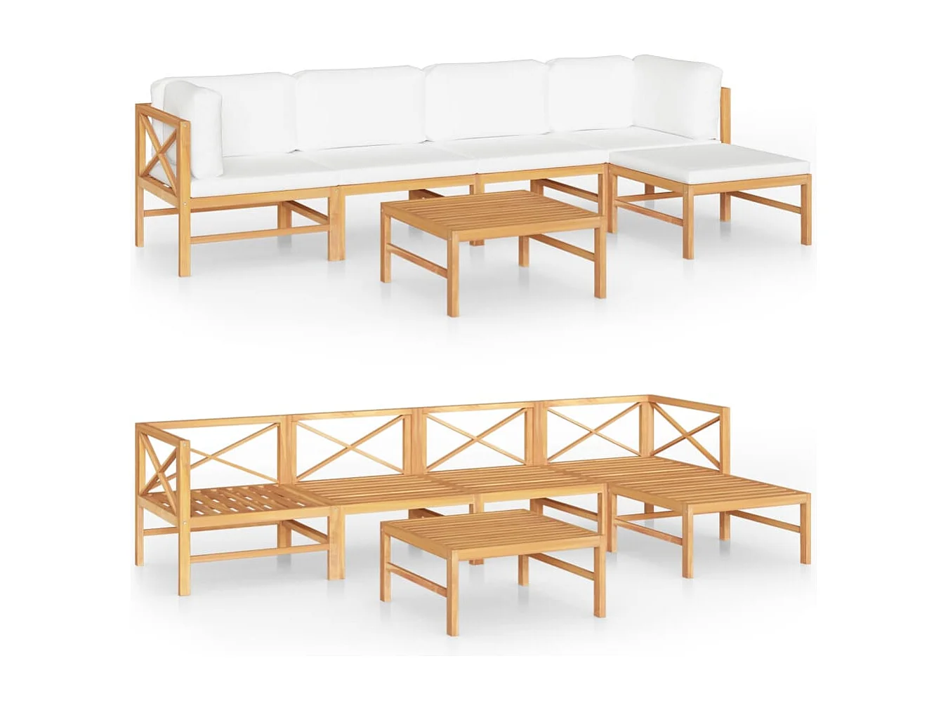 6-tlg. Garten-Lounge-Set mit Creme Kissen Massivholz Teak