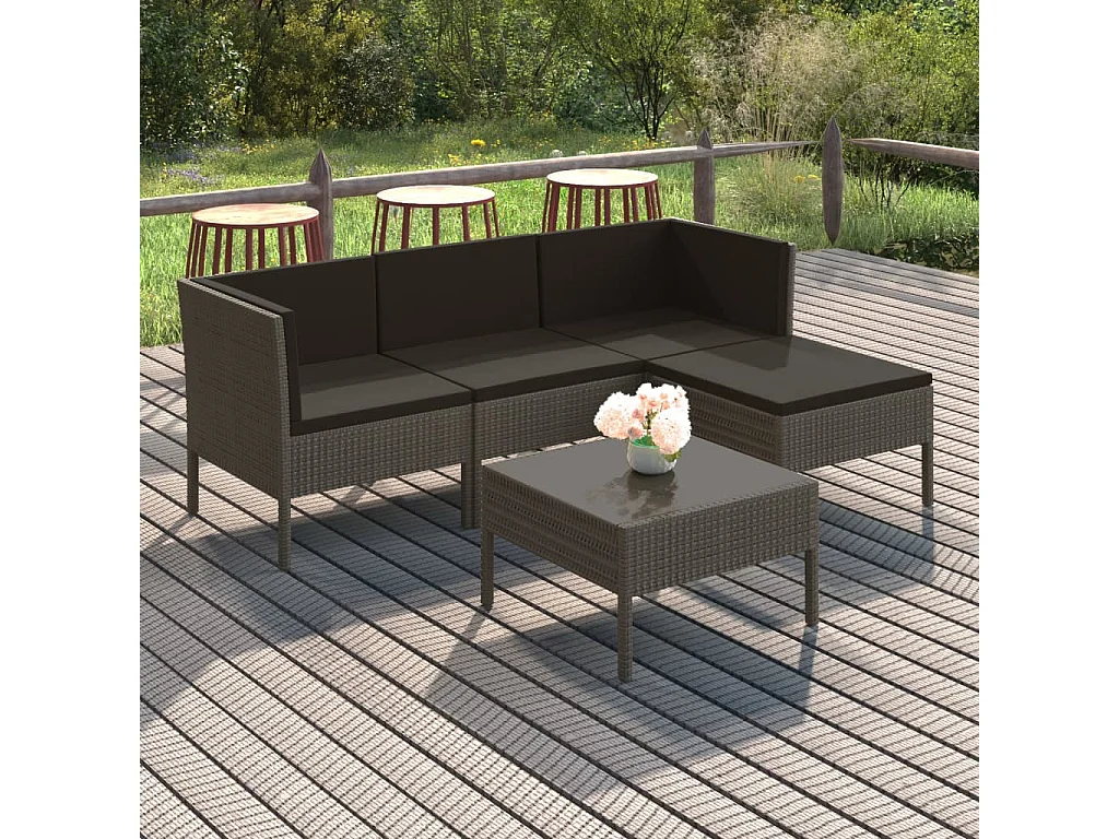 Salon de jardin 5 pcs avec coussins résine tressée gris