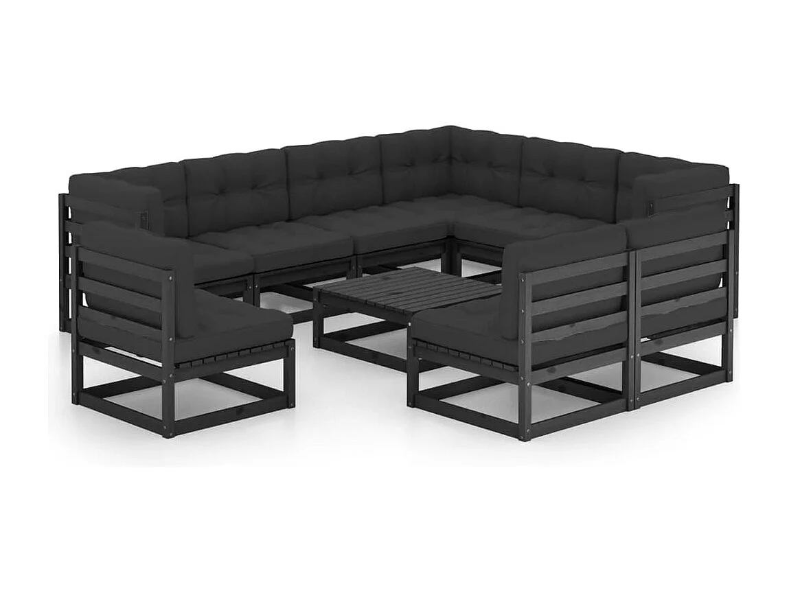 10-delige Loungeset met kussens massief grenenhout zwart