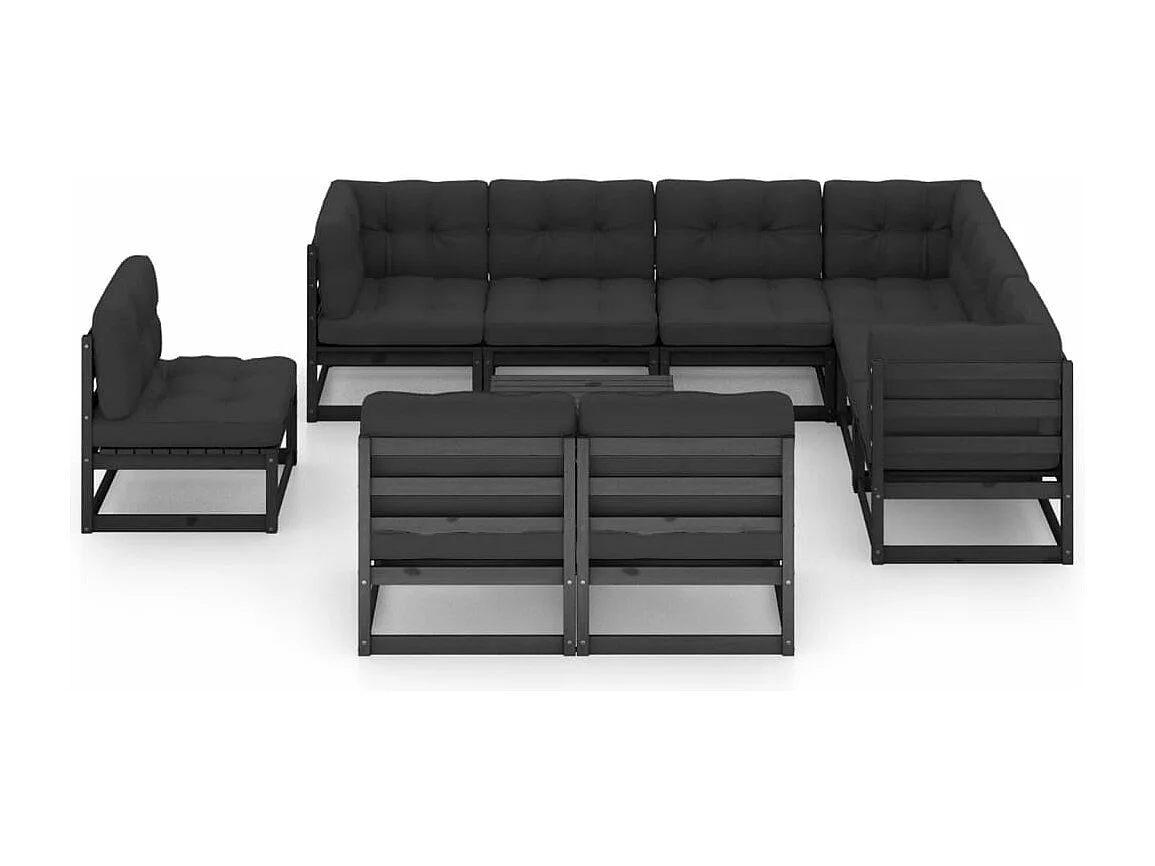 10-delige Loungeset met kussens massief grenenhout zwart