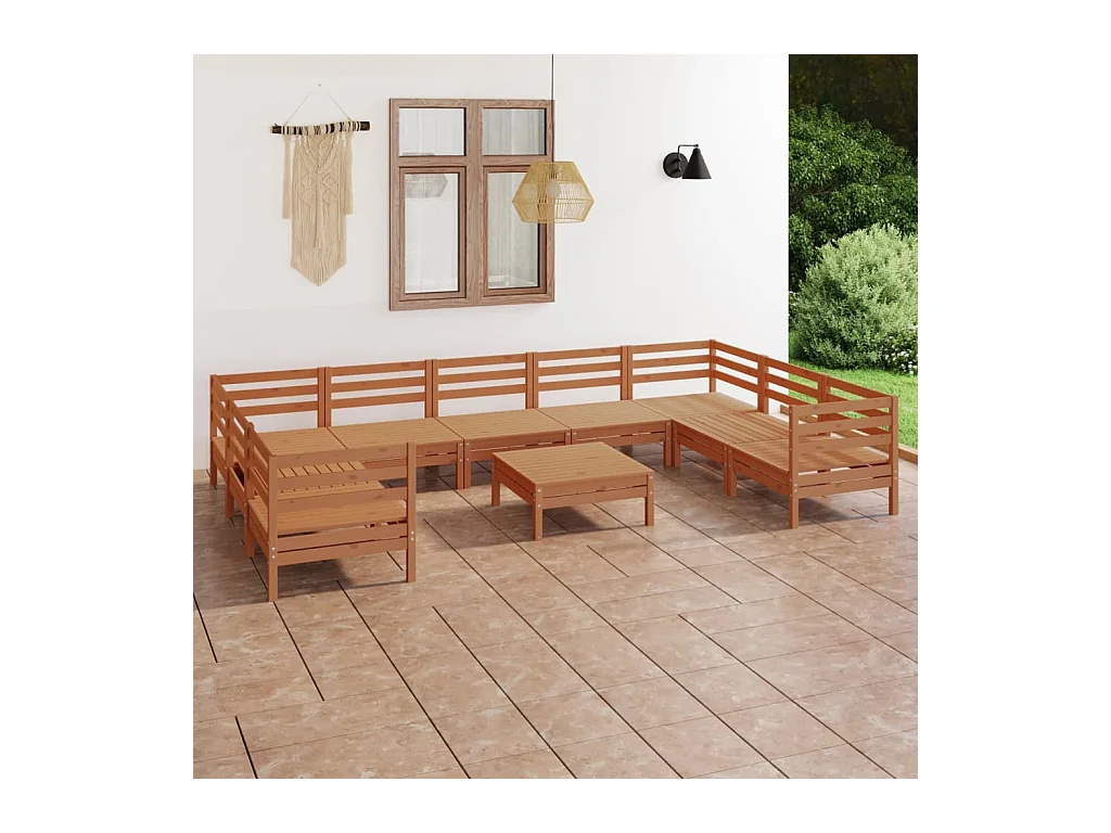 Salon de jardin 10 pcs Marron miel Bois de pin massif