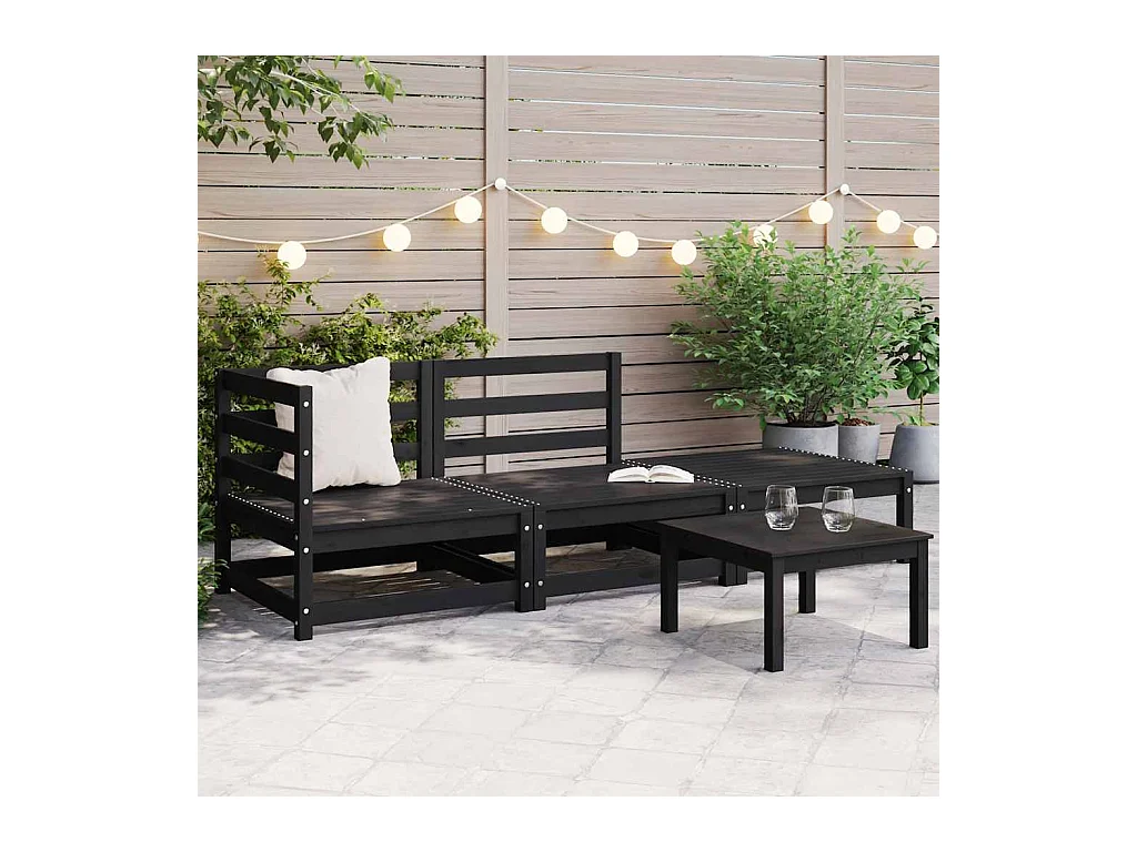 Salon de jardin 3 pcs noir bois de pin massif