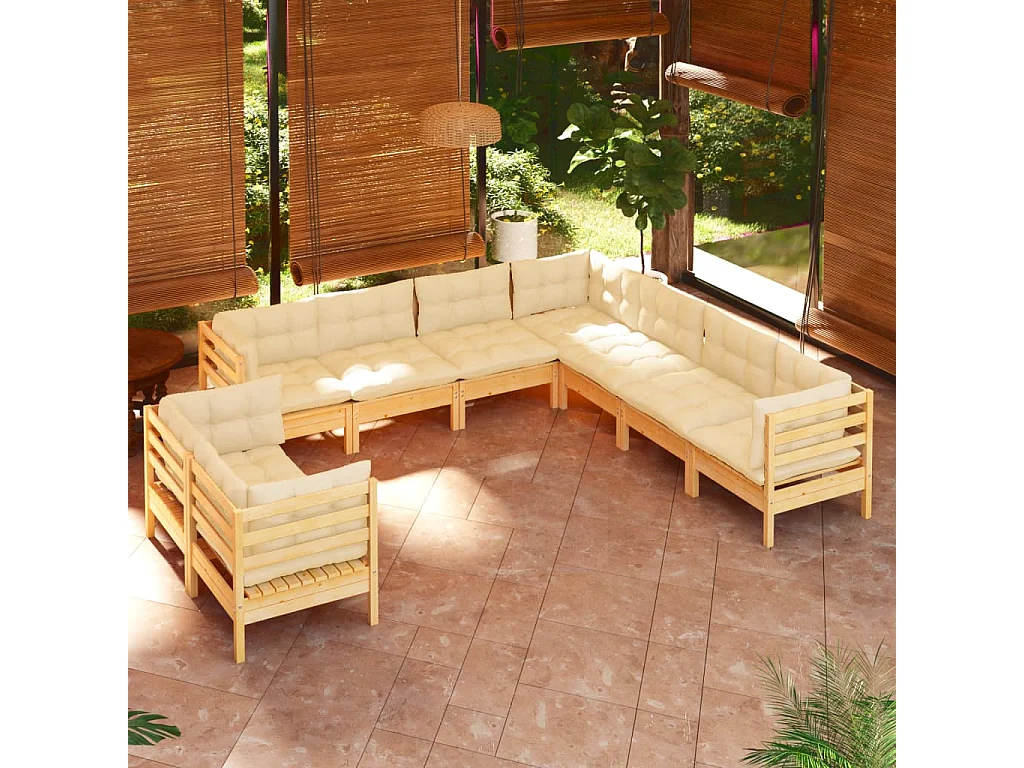 Salon de jardin 9 pcs avec coussins crème bois de pin massif