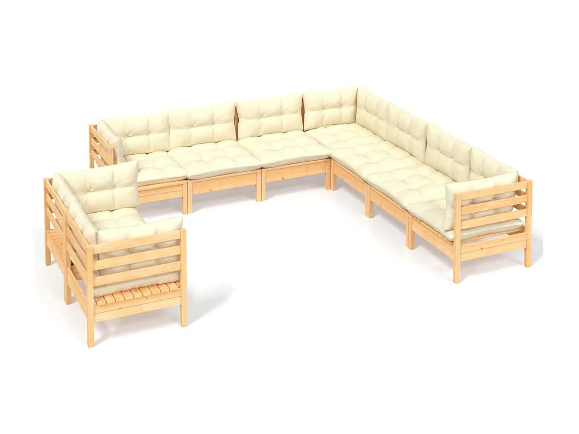 Salon de jardin 9 pcs avec coussins crème bois de pin massif