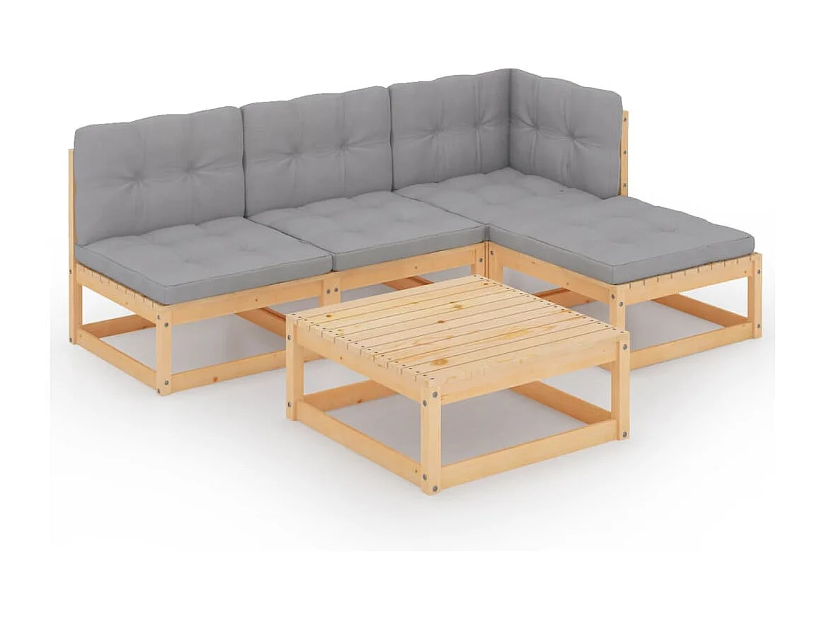 Set Divani da Giardino 5 pz con Cuscini Legno Massello di Pino