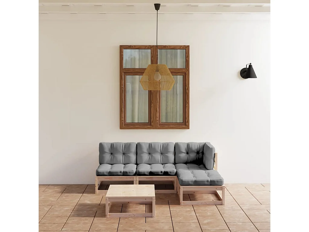 Set Divani da Giardino 5 pz con Cuscini Legno Massello di Pino