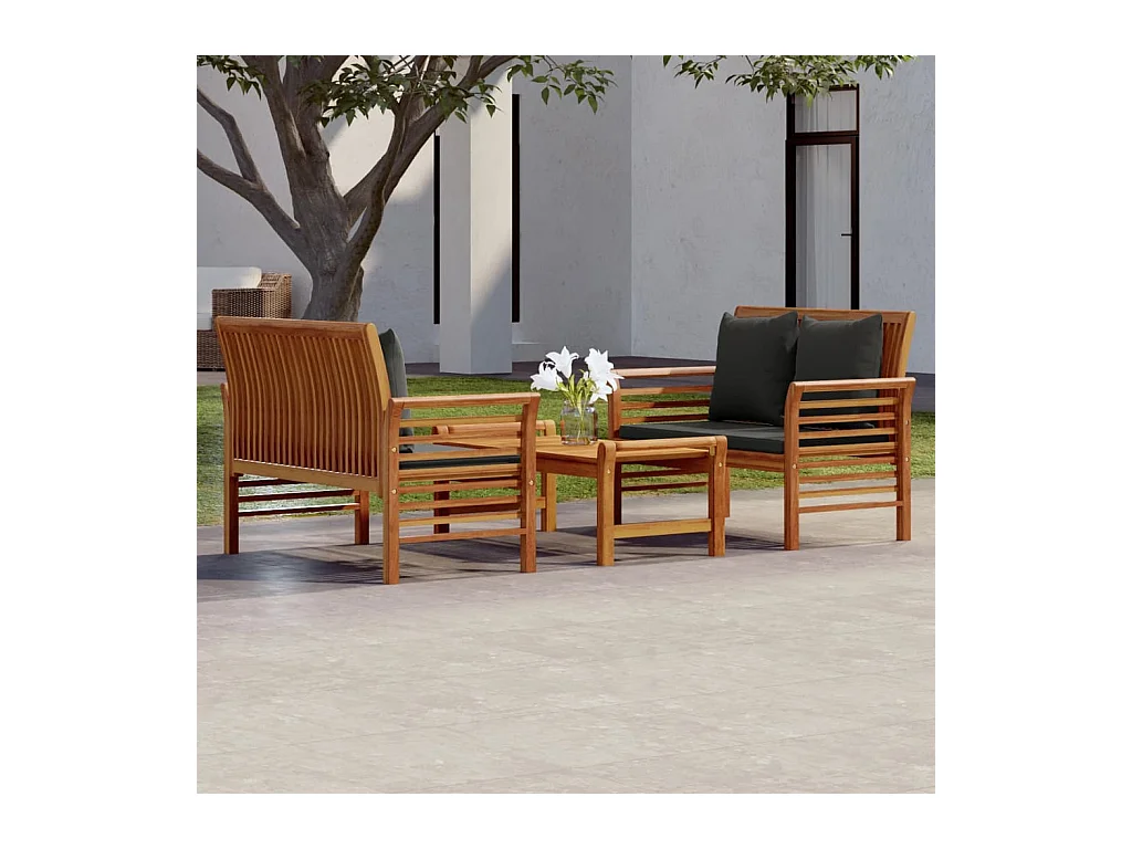 Salon de jardin 3 pcs avec coussins bois massif d'acacia