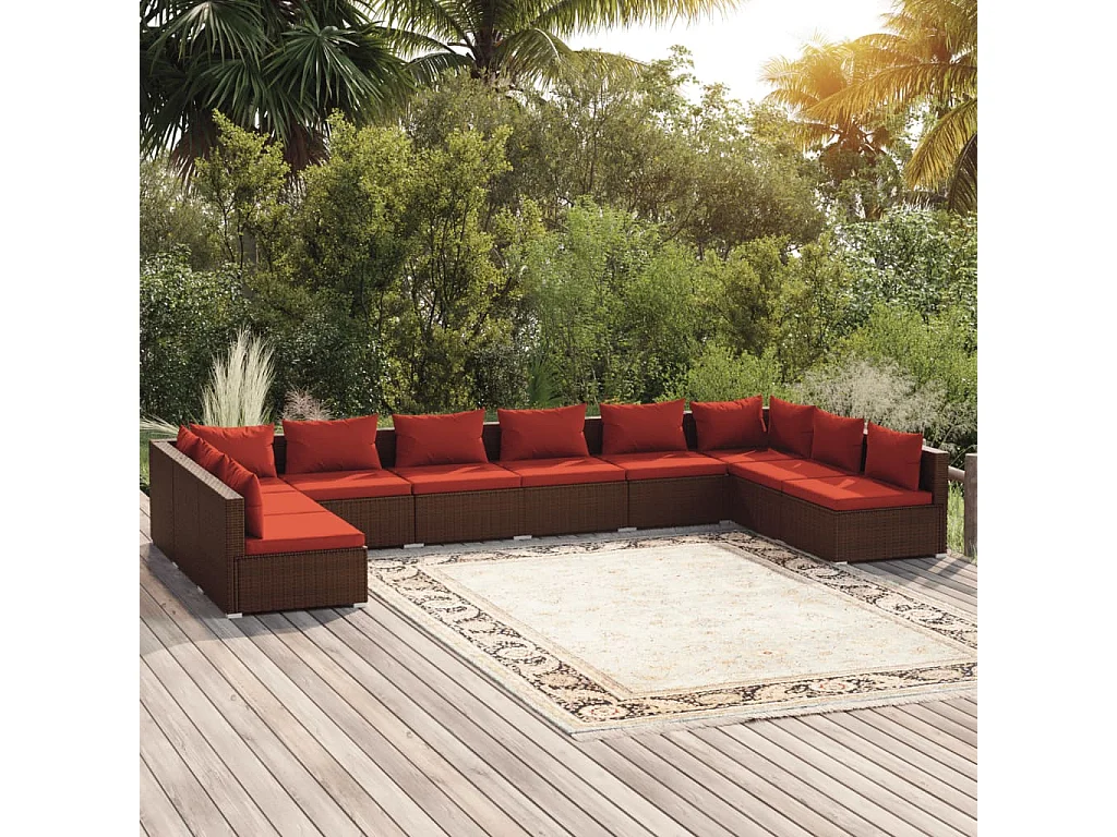 Set muebles de jardín 10 pzas y cojines ratán sintético marrón