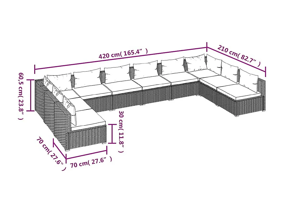 Set muebles de jardín 10 pzas y cojines ratán sintético marrón